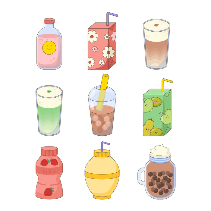 Drinks in kawaii style set